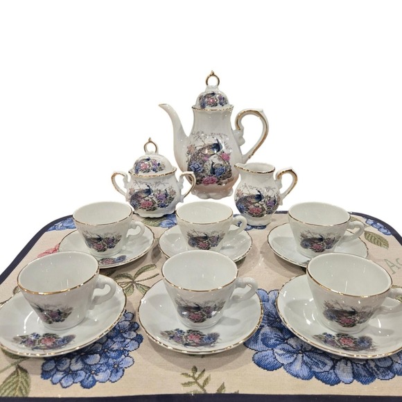 Heisei Japan Peacock Floral Porcelain Tea Set 15pc Gold Trim Teapot Cups Saucers